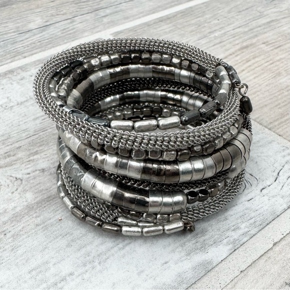 Mixed Silver Beaded Coil Bracelet - Picture 1 of 3